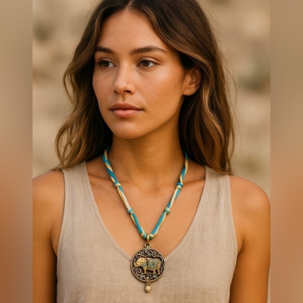 Reversible Elephant Medallion Necklace – Turquoise Blue/Gold Satin Cord 20” #115